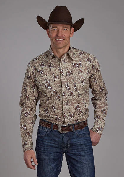 Roper 2116 Brushstroke Cowboys Print (Brown) - Men's Western Shirt