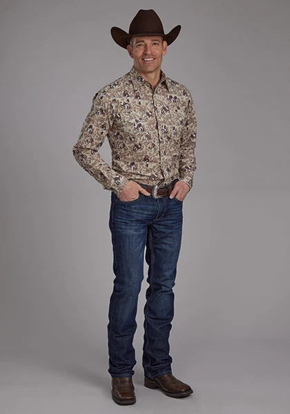 Roper 2116 Brushstroke Cowboys Print (Brown) - Men's Western Shirt