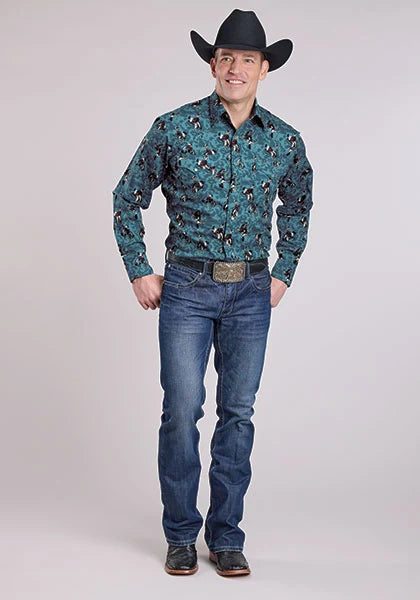 Roper 2627 Brushstroke Cowboys Print (Blue) - Men's Western Shirt