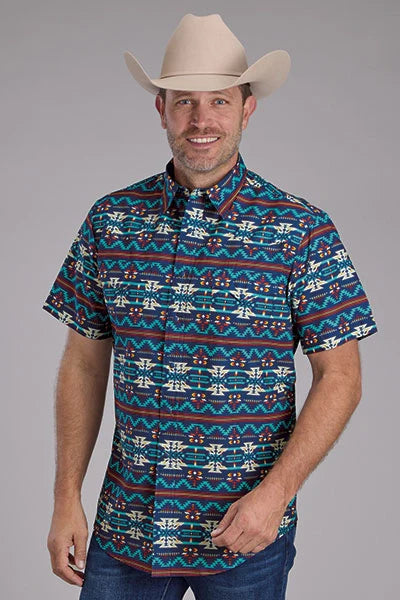 Roper 2352 Navajo Print (Blue) - Men's Short Sleeve Shirt