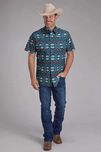 Roper 2352 Navajo Print (Blue) - Men's Short Sleeve Shirt