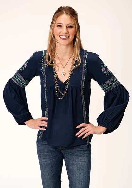 Roper 00860 Crepe V Neck (Navy) - Women's Western Blouse