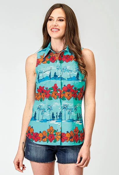 Roper 1900 Hawaiian Print (Blue) - Women's Sleeveless Shirt