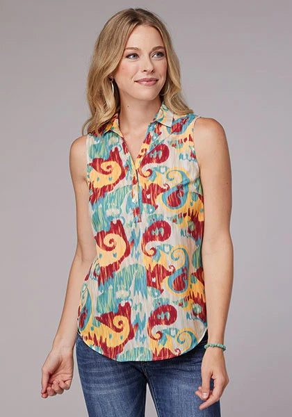 Roper 2073 Ikat Paisley (Blue) - Women's Sleeveless Shirt