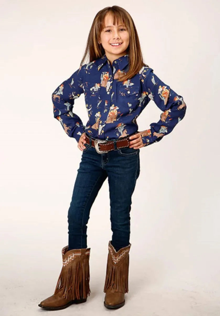 Roper Cowboy Toils (Blue) - Girl's Western Snap Shirt