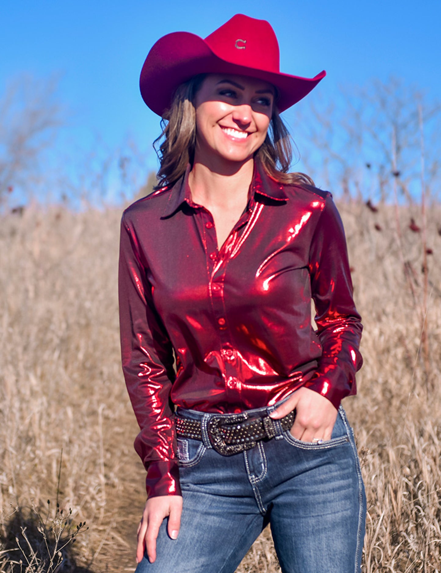 Cowgirl Tuff Metallic Red Pullover Button Up