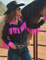 Cowgirl Tuff Black/Pink Never Give Up Pullover Button Up 4 Way Stretch Showshirt