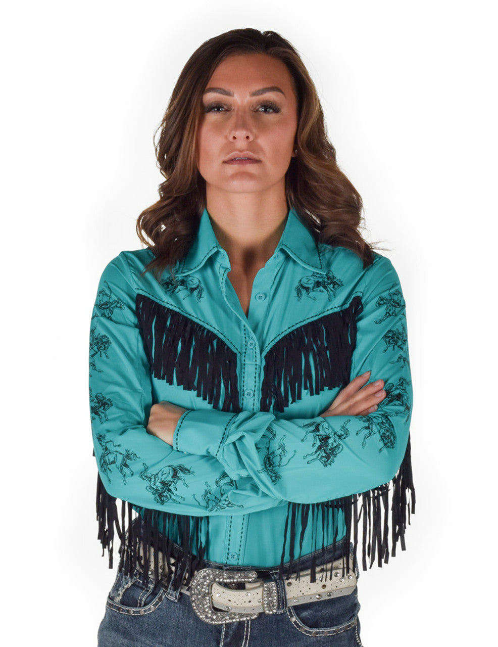 Cowgirl Tuff Designed Teal 4 Way Stretch Pullover Button Up Showshirt