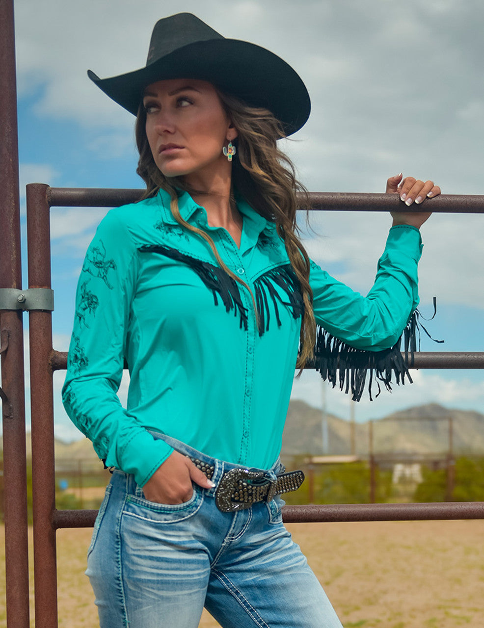 Cowgirl Tuff Designed Teal 4 Way Stretch Pullover Button Up Showshirt