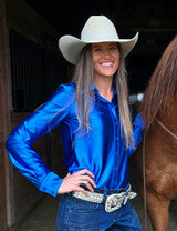 Cowgirl Tuff Pullover Button Up Blue 4 Way Stretch Showshirt