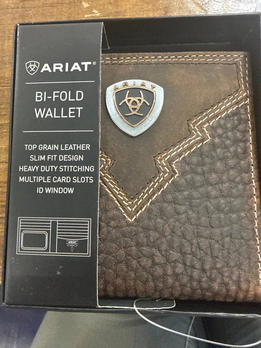 Ariat Brown Metal Shield Bi Fold Wallet Full Grain Leather for Men with Card Slots and Western Style by Wild West Outfitters
