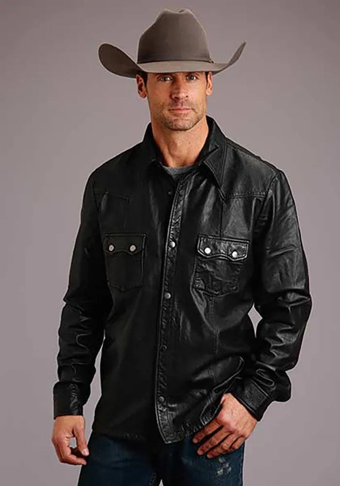 Stetson Leather Western Shirt Jacket (Black) - Men's Leather Jacket