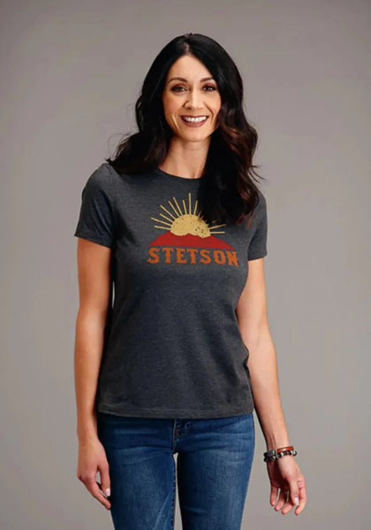 Stetson Sunset and Mountain (Grey) - Women's Short Sleeve T-Shirt