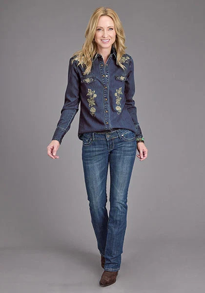 Stetson Floral Embroidery (Blue) - Women's Denim Blouse