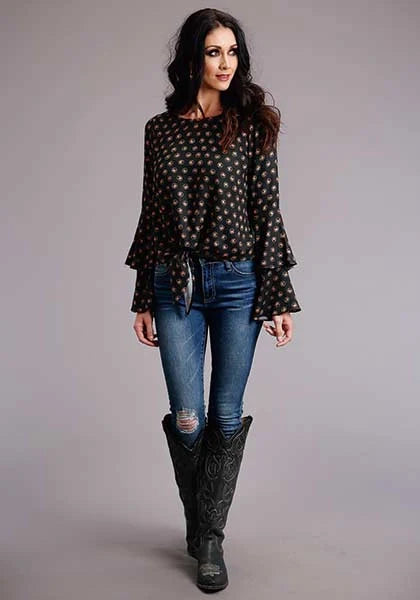 Stetson 00442 Horse Polkadot Bell Sleeves (Black) - Women's Blouse
