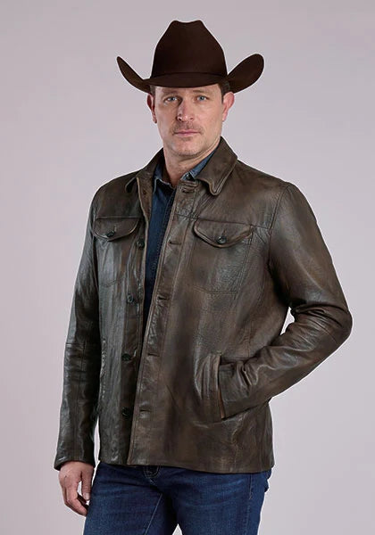 Stetson Novelty Solid Button Front (Brown) - Men's Leather Jacket