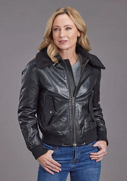 Stetson Sherpa Collar Bomber (Black) - Women's Leather Jacket