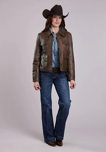 Stetson Cropped Button Front (Brown) - Women's Lamb Leather Jacket