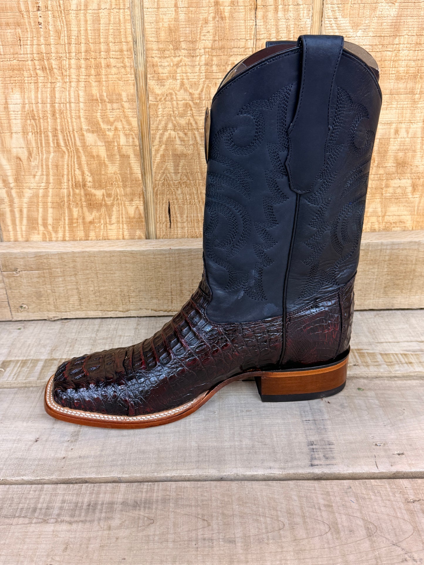 Exotic Los Altos Black Cherry Caiman Hornback Wide Square Toe Leather Sole Cowboy Boots