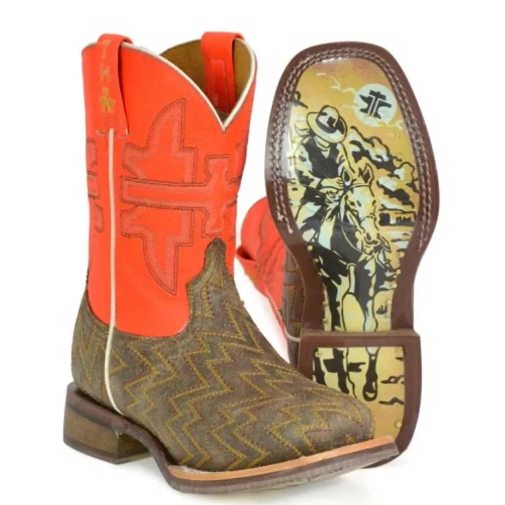 Tin Haul Neon Thunder / Desert Rider Sole (Orange) - Little Kids/Big Kids Leather Cowboy Boots