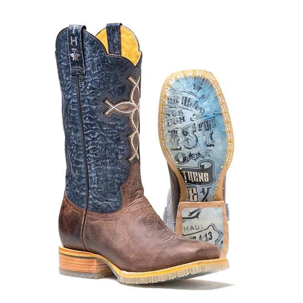 Tin Haul Ichtusacross / Strength Lug Sole (Sanded Blue / Waxy Sand Brown) - Mens Leather Cowboy Boot