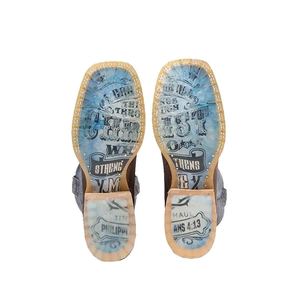 Tin Haul Ichtusacross / Strength Lug Sole (Sanded Blue / Waxy Sand Brown) - Mens Leather Cowboy Boot