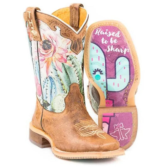Tin Haul Cactilicious / Raised To be Sharp Sole (White) - Little Kids/Big Kids Leather Cowgirl Boots