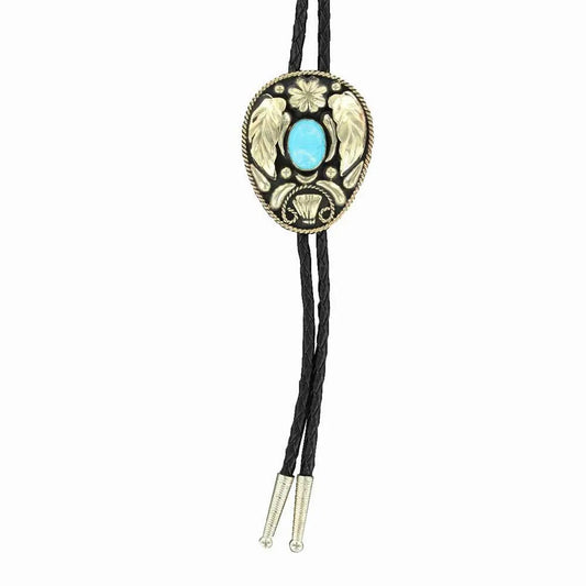 Double S Silver Leaf with Turquoise Stone (Black) - Bolo Tie