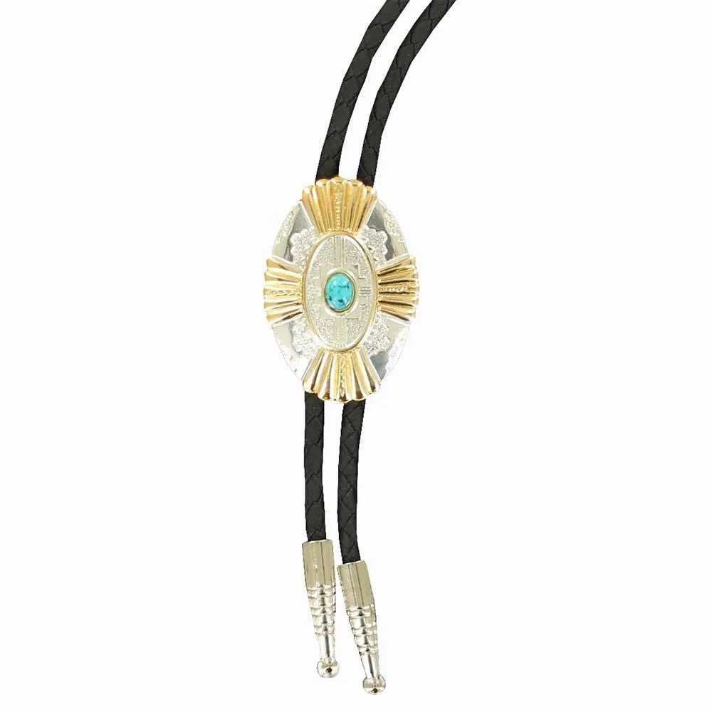 Double S Silver with Gold Rays and Turquoise Stone - Bolo Tie