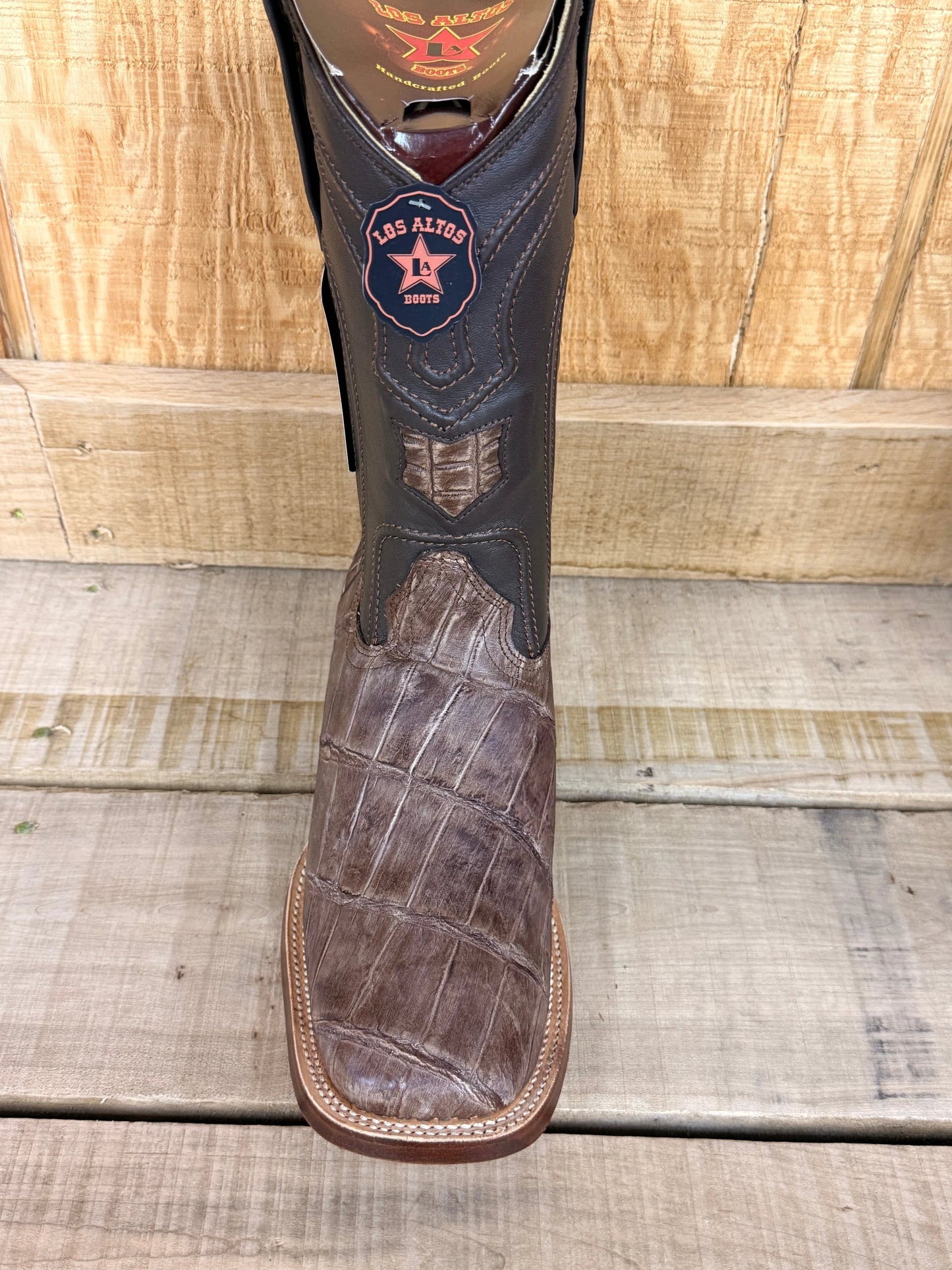 Exotic Los Altos Sanded Brown Alligator Hornback Wide Square Toe Leather Sole Cowboy Boots by Wild West Outfitters