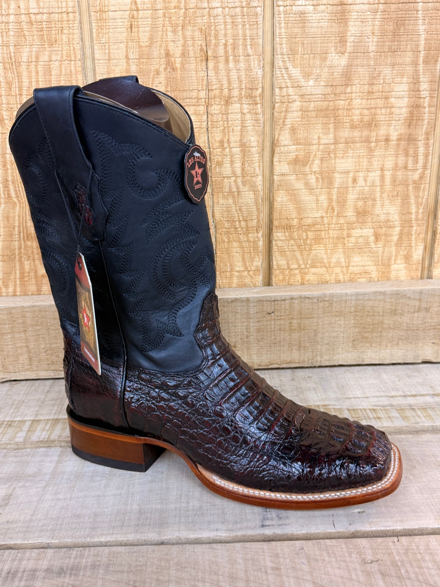Exotic Los Altos Black Cherry Caiman Hornback Wide Square Toe Leather Sole Cowboy Boots