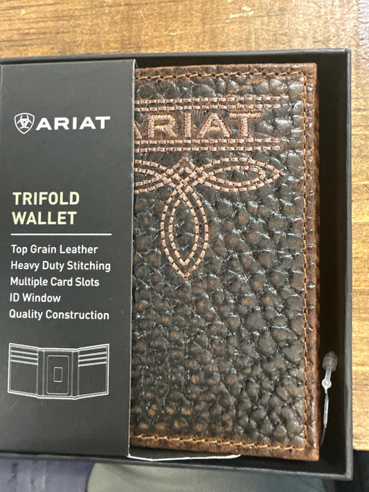 Ariat Brown Leather Design Stitching Tri Fold Wallet For Men Card Holder Durable Western Style Gift by Wild West Outfitters