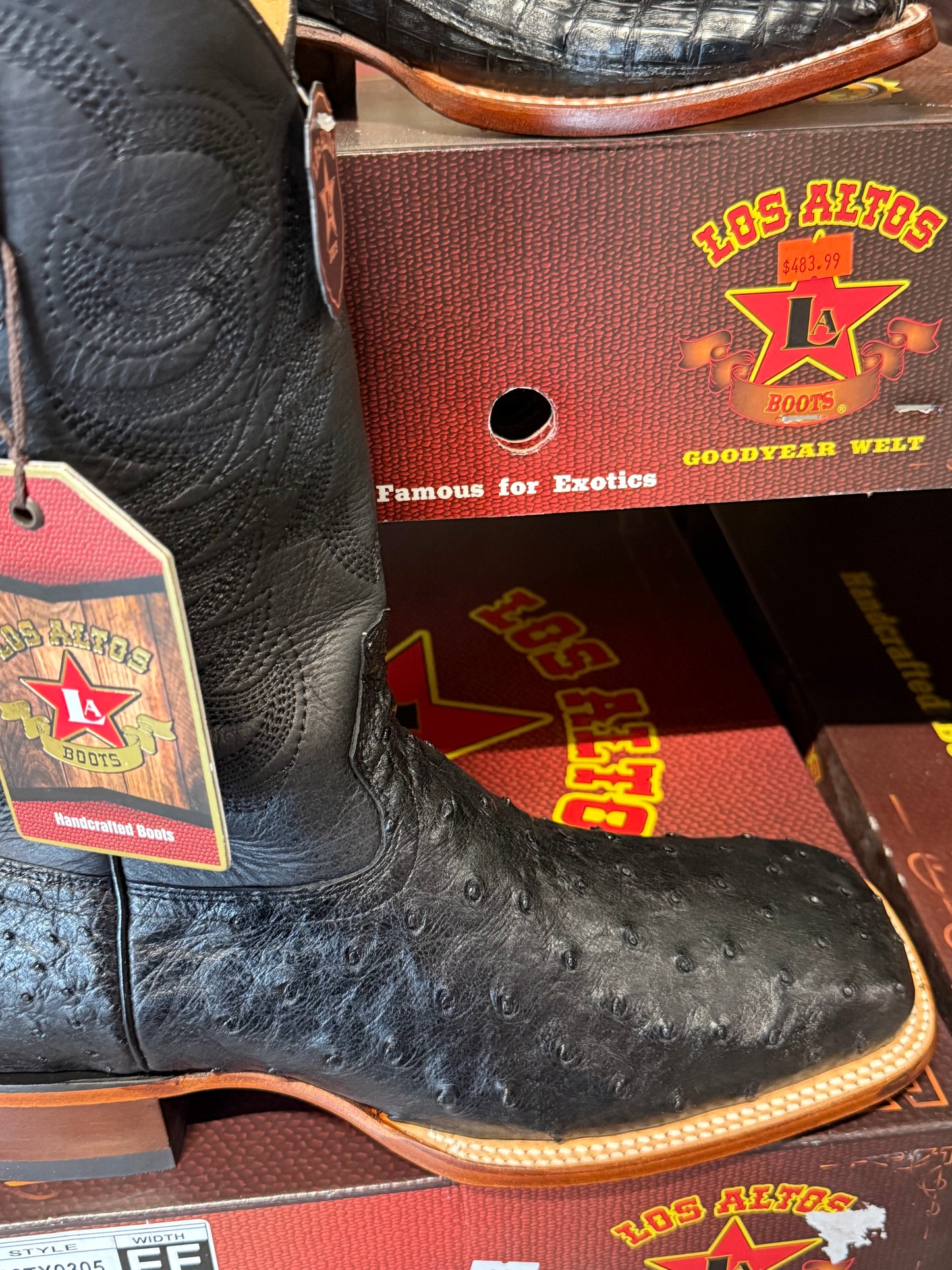 Exotic Los Altos Texas Wide Square Toe Black Quilled Ostrich Leather Sole Boots