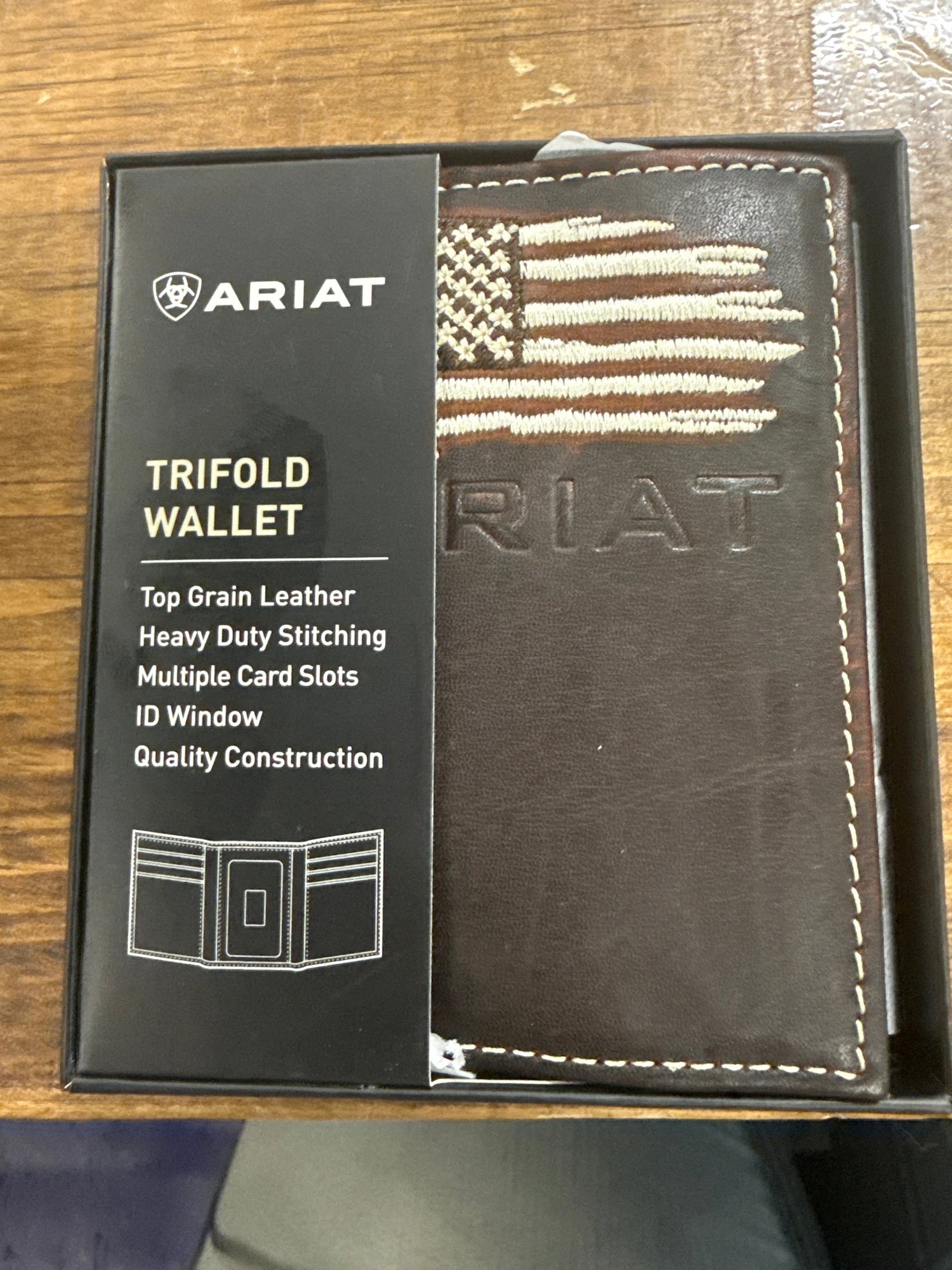 Ariat Brown White Flag Tri Fold Leather Wallet Bifold Western Style for Men Premium Gift Idea by Wild West Outfitters