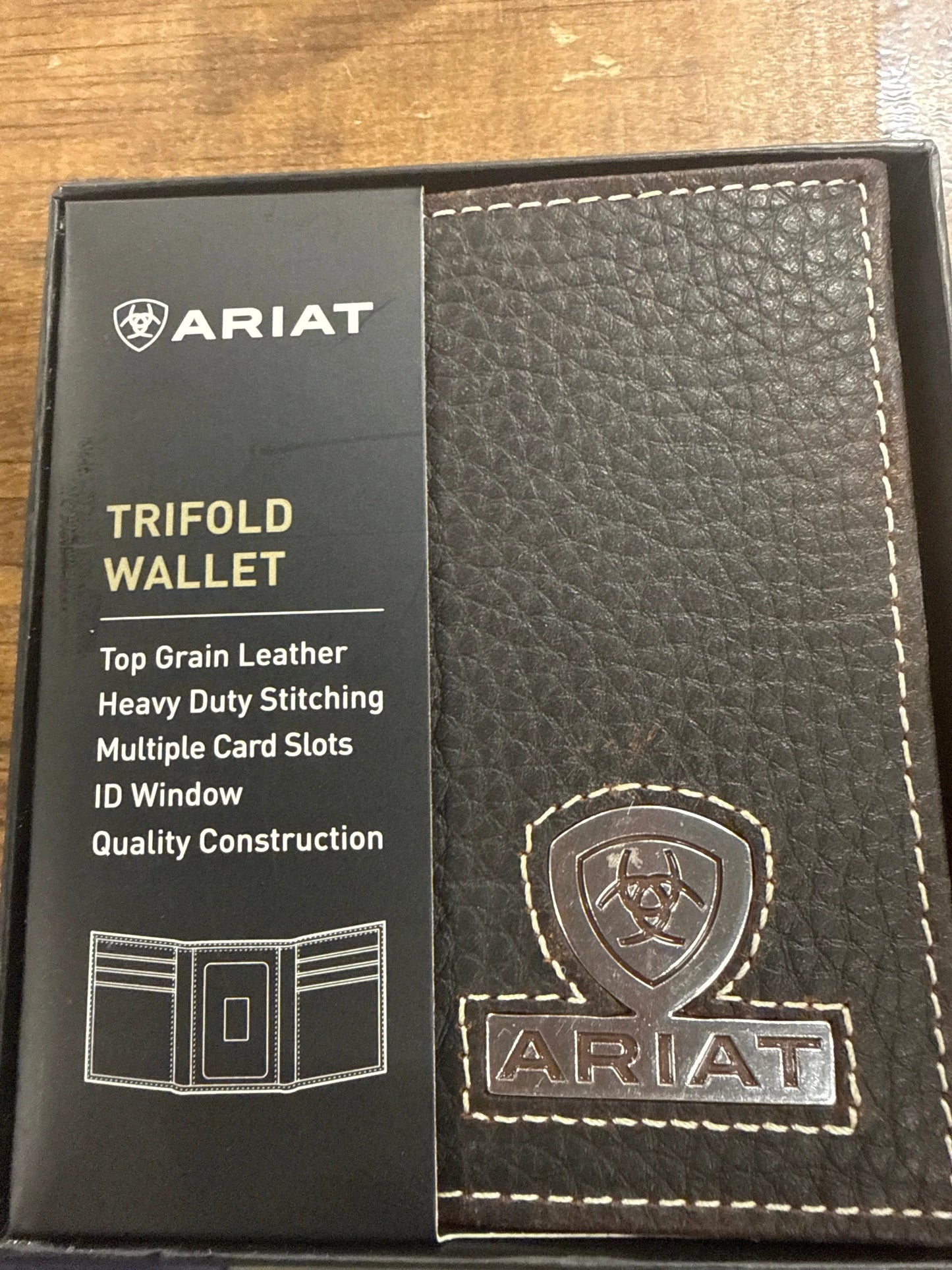 Ariat Brown Metal Shield Tri Fold Wallet Western Style Card Organizer Durable Premium Everyday Use by Wild West Outfitters