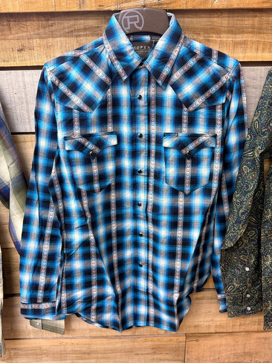 Roper Mens Western Blue Horseshoe Dobby Plaid Pearl Snap Long Sleeve Shirt For Everyday Wear And Versatile Denim by Wild West Outfitters