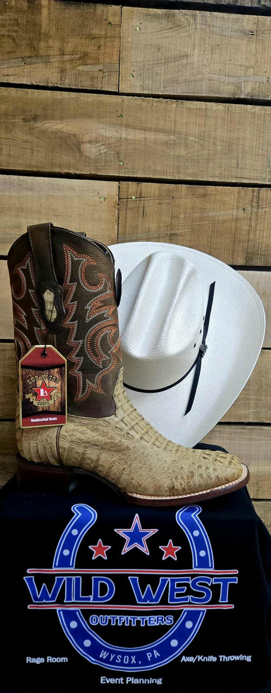 Exotic Los Altos Caiman Hornback Grasso Honey Leather Sole Square Toe Boots