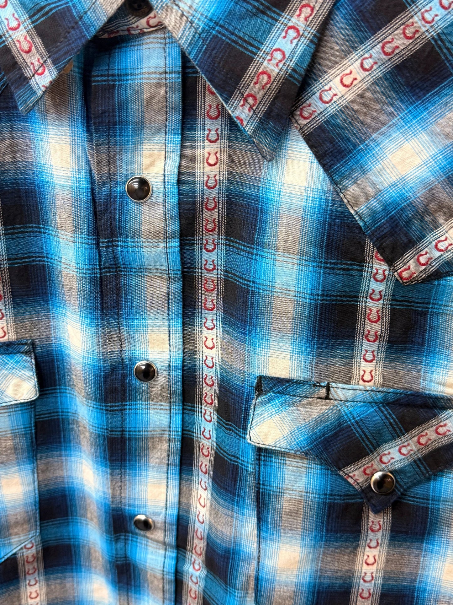 Roper Mens Western Blue Horseshoe Dobby Plaid Pearl Snap Long Sleeve Shirt For Everyday Wear And Versatile Denim by Wild West Outfitters