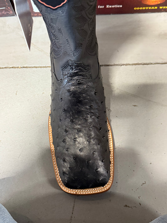 Exotic Los Altos Texas Wide Square Toe Black Quilled Ostrich Leather Sole Boots