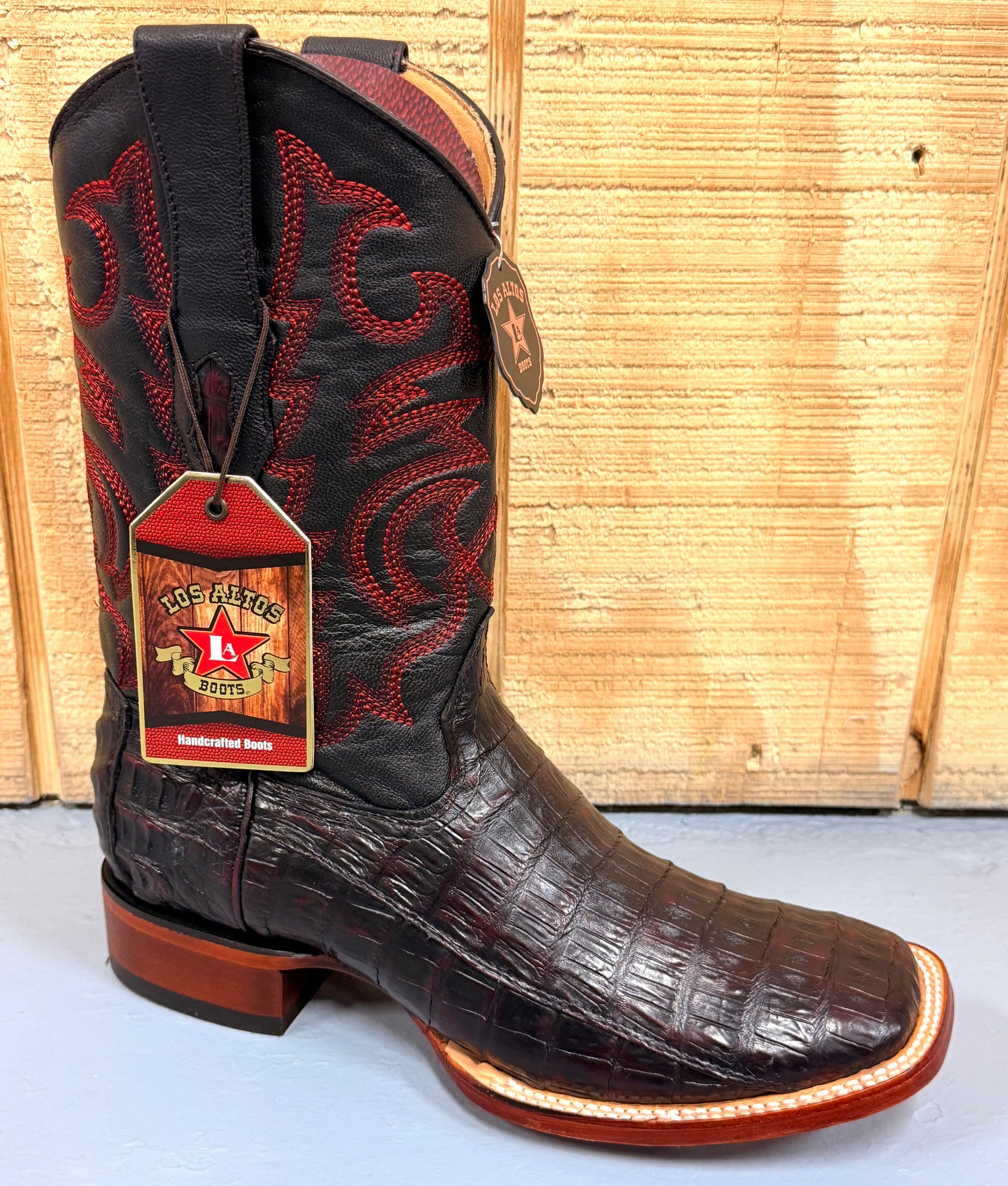 Exotic Los Altos Pierced Black Cherry Caiman Belly Wide Square Toe Men’s Cowboy Boots