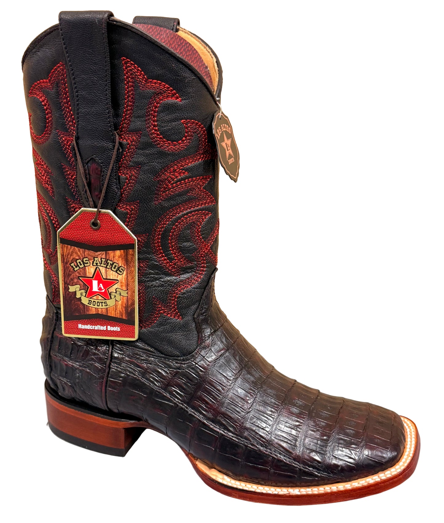 Exotic Los Altos Pierced Black Cherry Caiman Belly Wide Square Toe Men’s Cowboy Boots