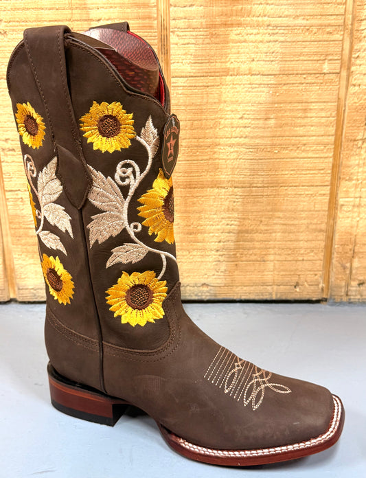 Los Altos Crazy Brown Sunflower Wide Square Toe Cowgirl Boots