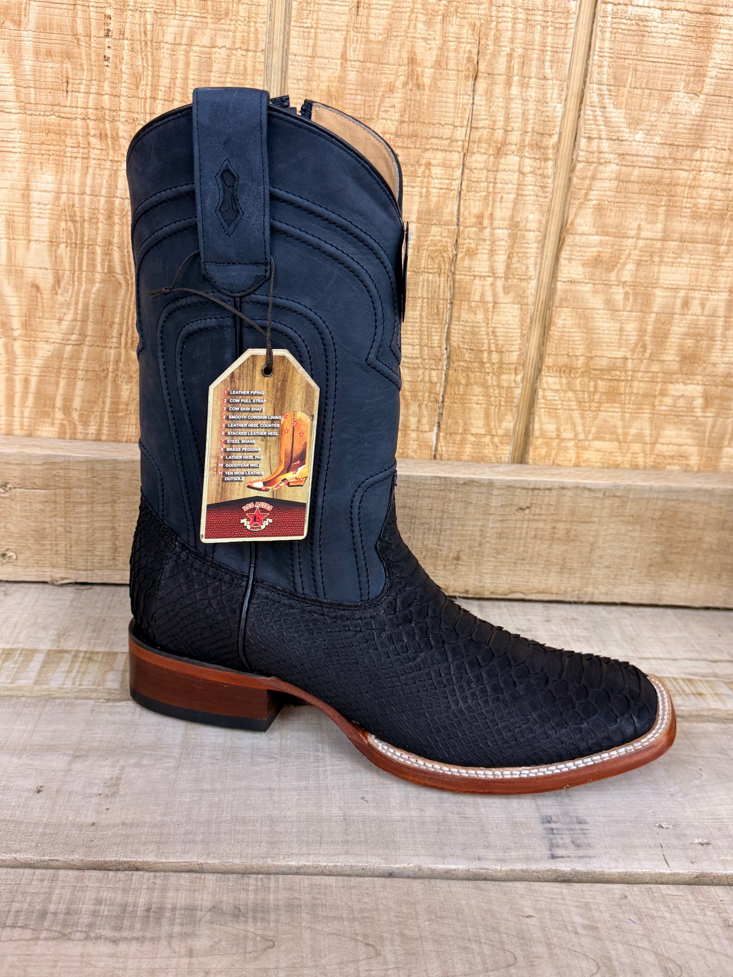 Exotic Los Altos Nobuck Black Python Side Zipper Wide Square Toe Leather Sole Cowboy Boots