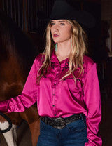Cowgirl Tuff Pullover Button Up in Pink Satin