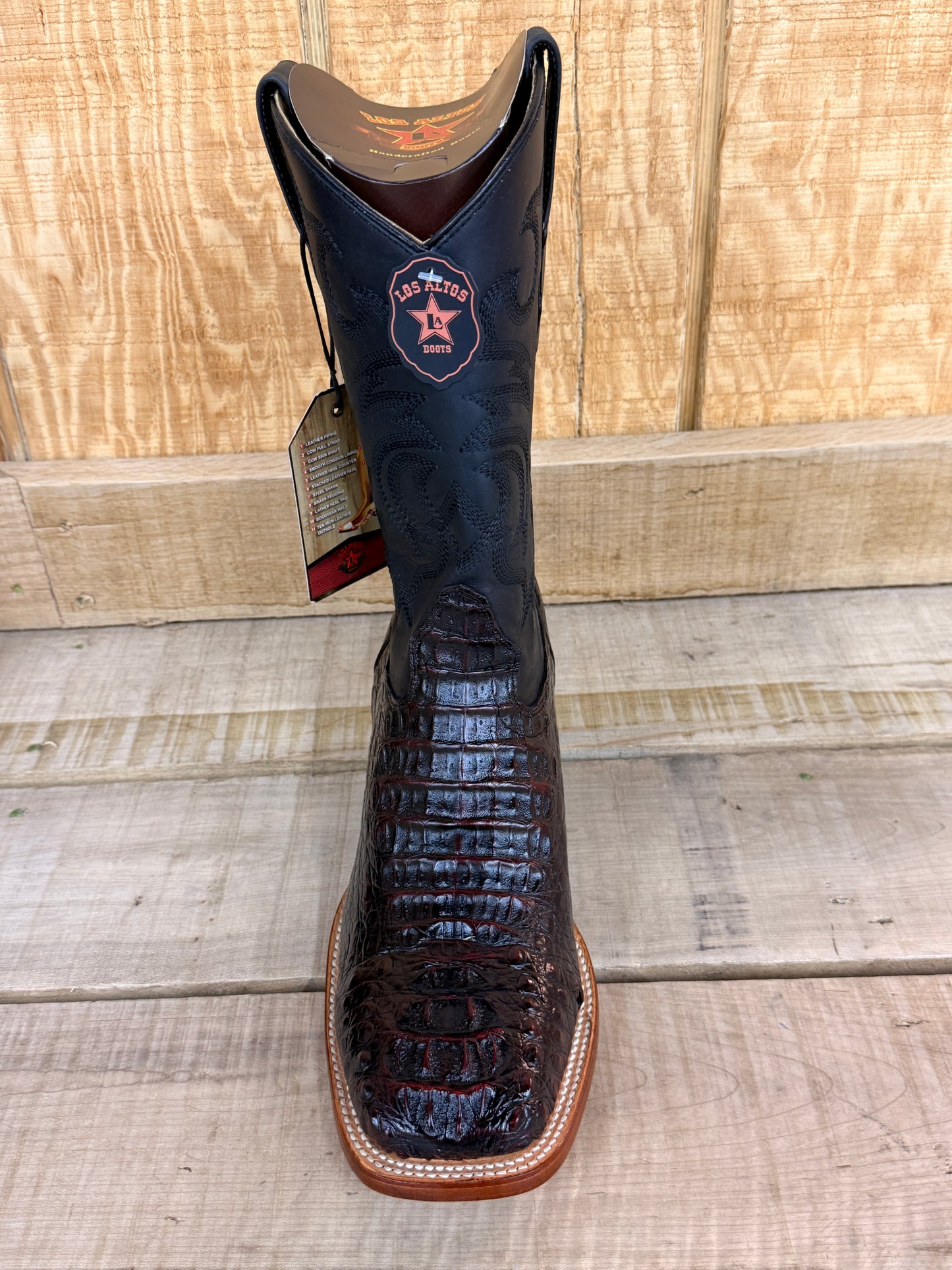 Exotic Los Altos Black Cherry Caiman Hornback Wide Square Toe Leather Sole Cowboy Boots