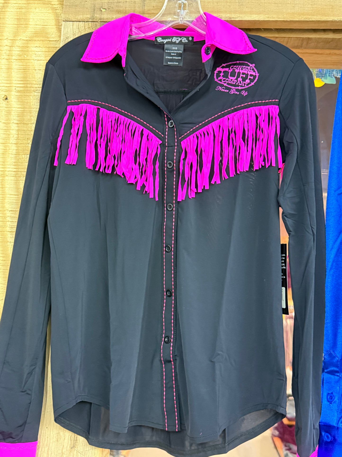 Cowgirl Tuff Black/Pink Never Give Up Pullover Button Up 4 Way Stretch Showshirt