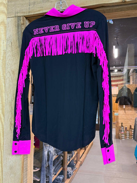 Cowgirl Tuff Black/Pink Never Give Up Pullover Button Up 4 Way Stretch Showshirt
