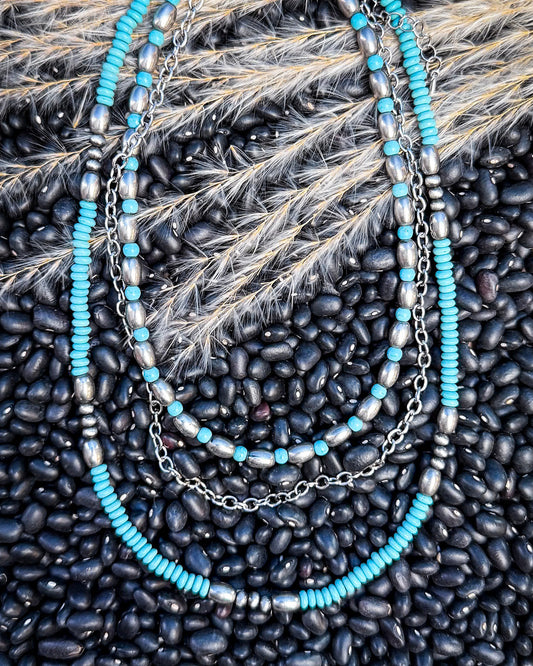 Rowdy Navajo Style Pearl Layered Fashion Necklace - Bead/Turquoise