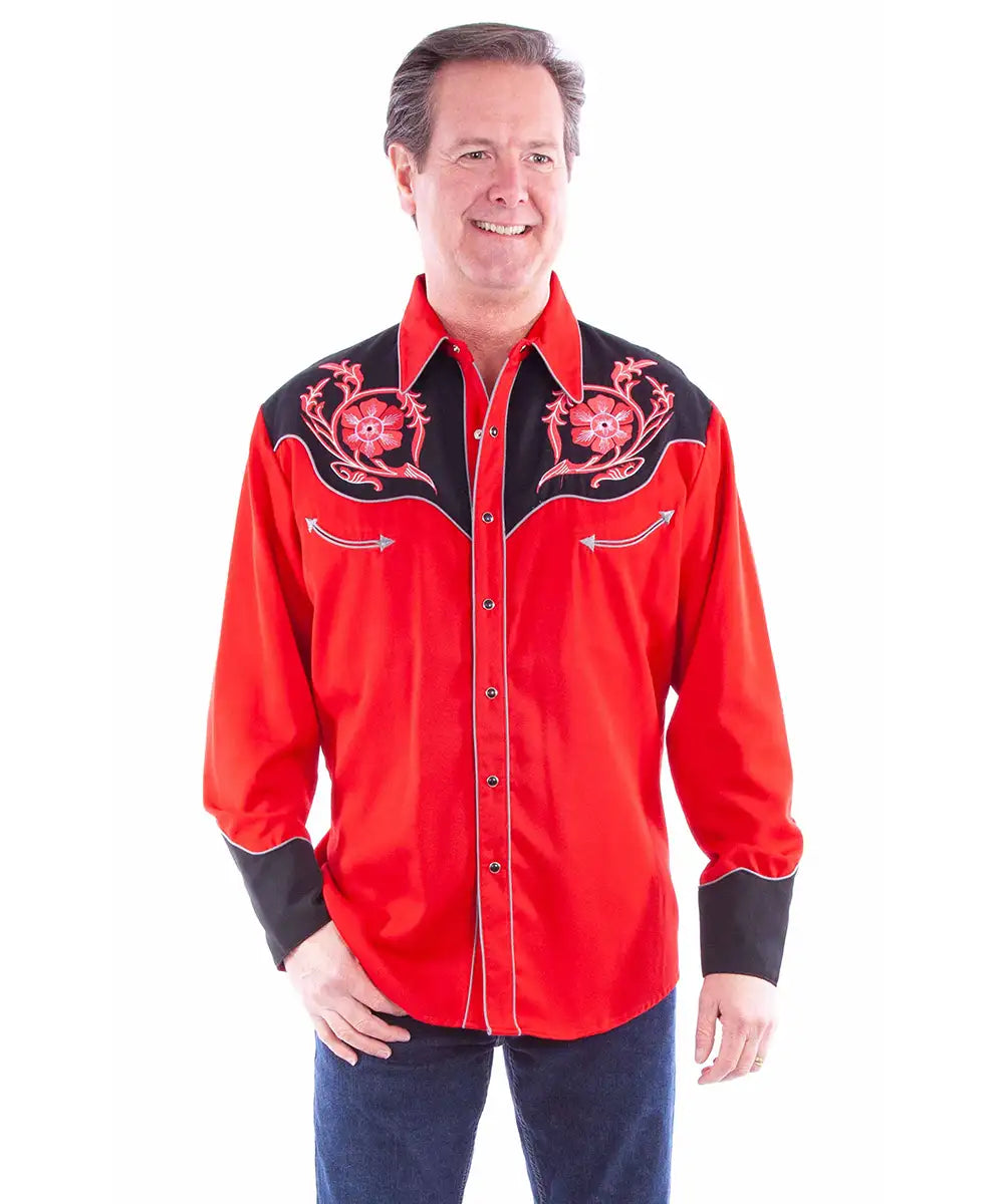 Scully Floral Embroidery (Red/Black) - Men's Western Shirt