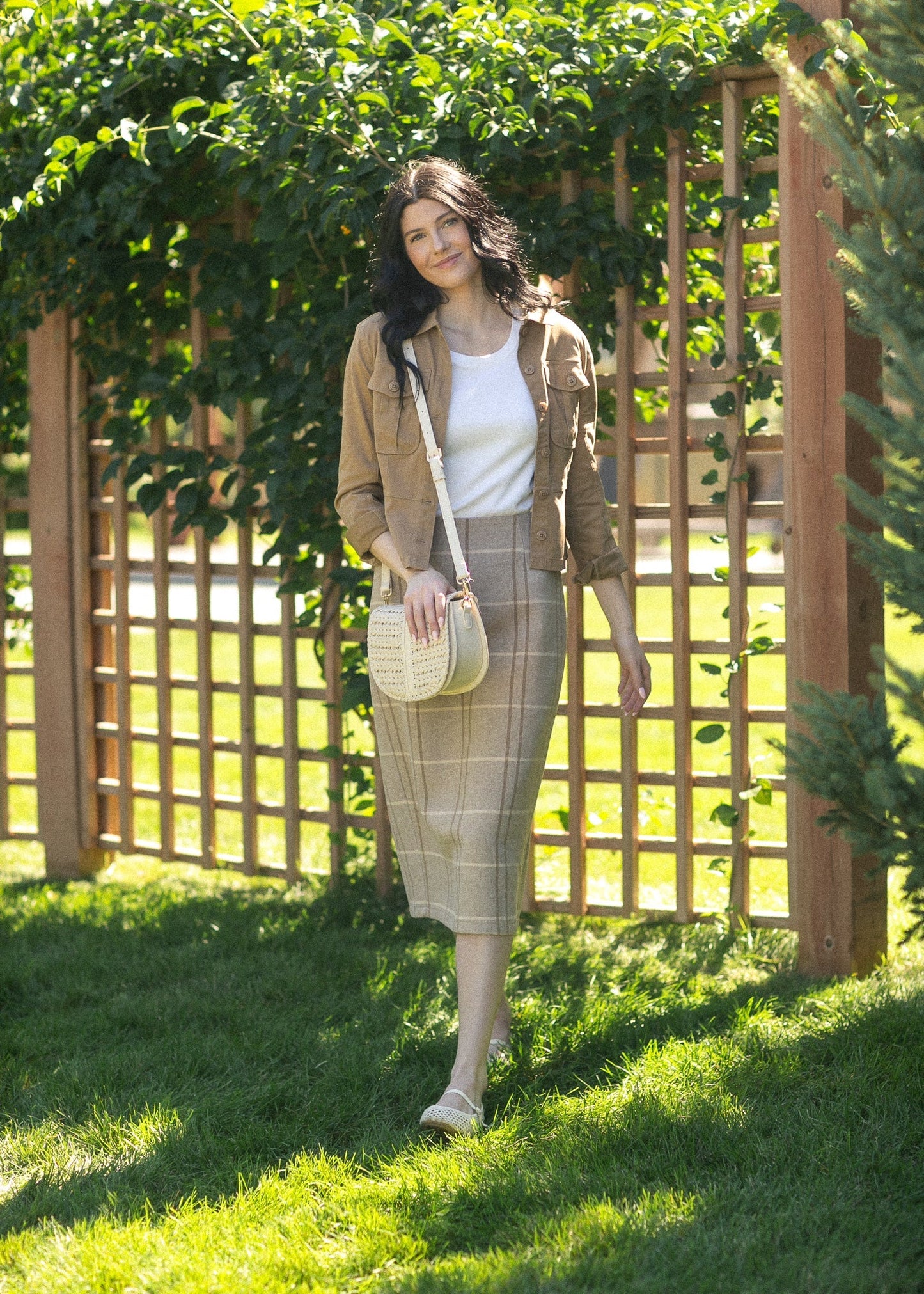 Calista Plaid Wool Midi Pencil Skirt